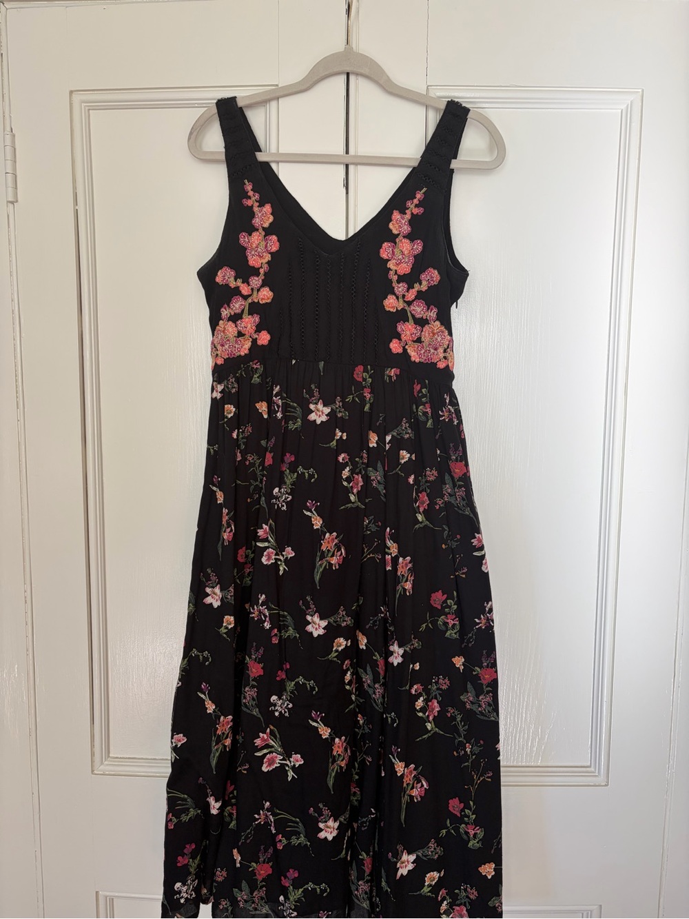 Anthropologie Black Maxi Dress with Pink Floral Embroidery